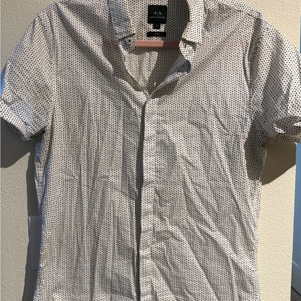 A|X Armani Exchange White Short-Sleeve Button-Up with Navy Micro Dot Print